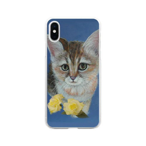 仔猫と幸せの黄色いバラ Soft Clear Smartphone Case