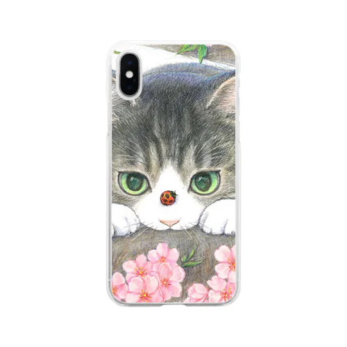 花見猫♪キジシロ猫とてんとう虫 Soft Clear Smartphone Case