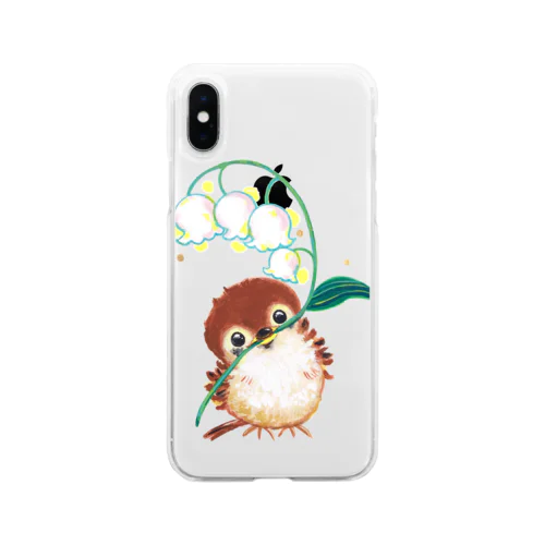 すずらんを持つ子スズメ（背景白） Soft Clear Smartphone Case