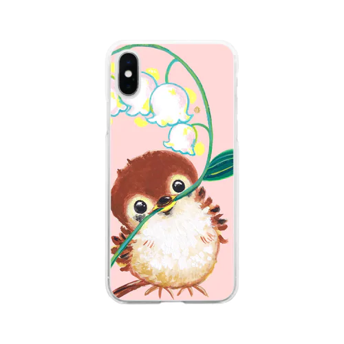 すずらんを持つ子スズメ（背景ピンク） Soft Clear Smartphone Case