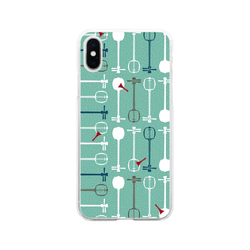 三味線総柄（グリーン） Soft Clear Smartphone Case