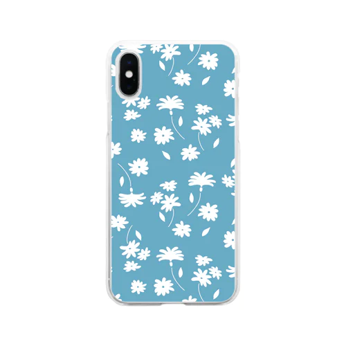 水色背景の白小花スマホケース Soft Clear Smartphone Case