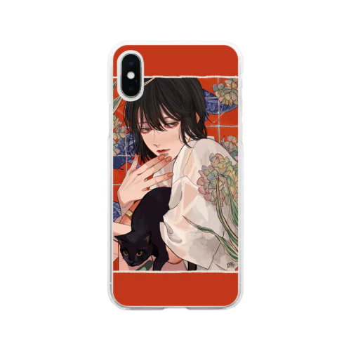 黒猫と枯れ紫陽花 Soft Clear Smartphone Case