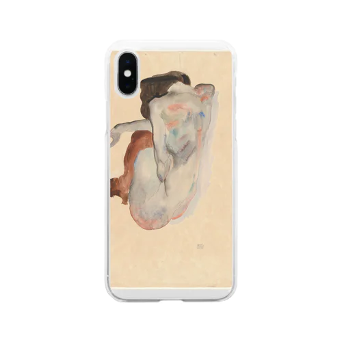 【世界の名画】エゴン・シーレ『Crouching Nude in Shoes and Black Stockings, Back View』 Soft Clear Smartphone Case