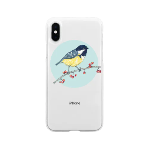 ベリーと鳥 (Great Tit) Soft Clear Smartphone Case