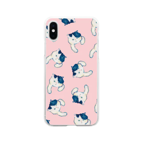 青い猫　ピンク Soft Clear Smartphone Case