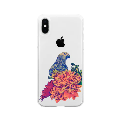 ヨウムと花 Soft Clear Smartphone Case