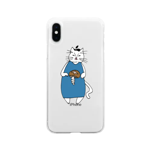 巻きしいたけ柄マキシ丈ワンピを着た猫 Soft Clear Smartphone Case