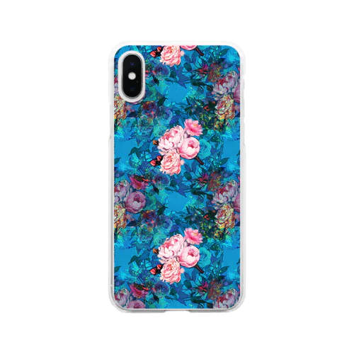 薔薇、芍薬、牡丹のボタニカルブーケと螺鈿模様の壁紙イラスト Soft Clear Smartphone Case