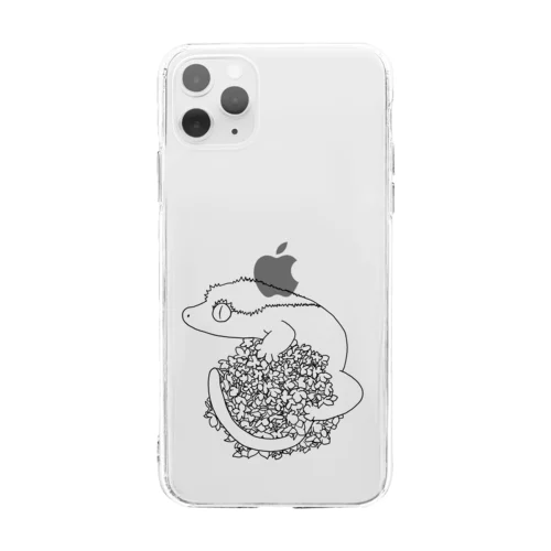 クレステッドゲッコー×紫陽花イラスト(黒) Soft Clear Smartphone Case