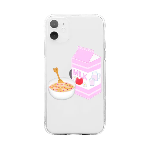 猫いちごミルク＆コーンフレーク Soft Clear Smartphone Case