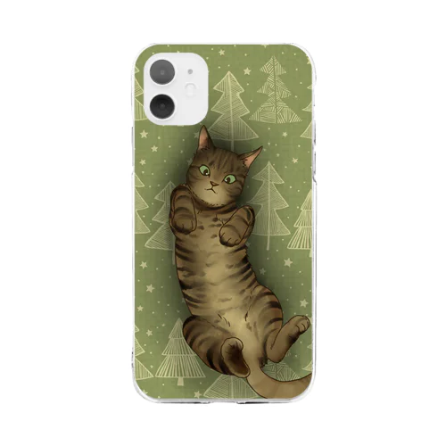 いつでも「猫と」一緒/グリーン Soft Clear Smartphone Case