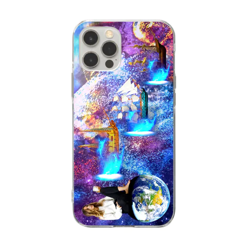 宇宙、星、地球、女性、船、帆船、ワープ、異次元、異空間 Soft Clear Smartphone Case