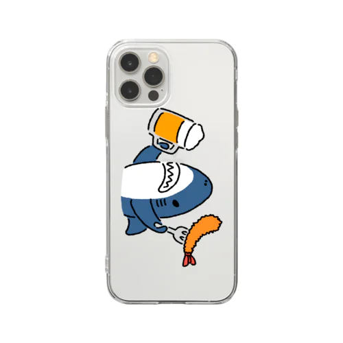 ビールとエビフライとサメ　色付き文字無し横向きVer. Soft Clear Smartphone Case