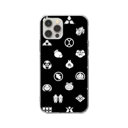 うさぎの家紋/黒 Soft Clear Smartphone Case