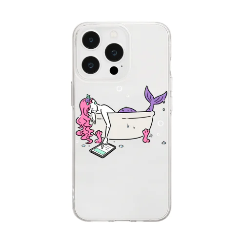 浴室でタブレットを使う人魚【ピンク】 Soft Clear Smartphone Case