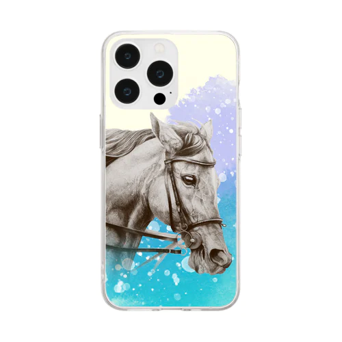 馬の絵スマホケース（夏の風ブルー） Soft Clear Smartphone Case