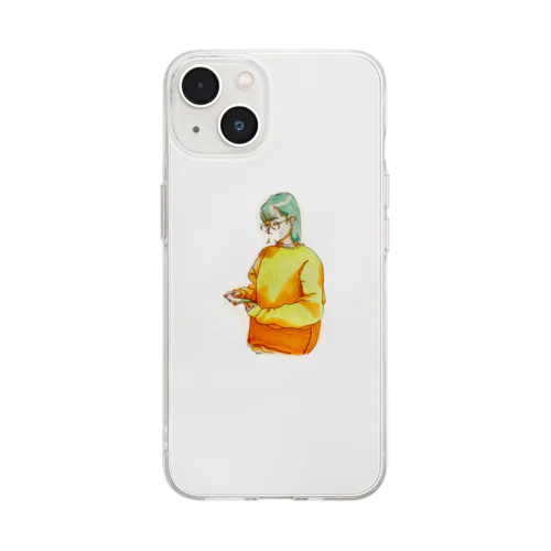 スマホをいじる眼鏡な女の子 Soft Clear Smartphone Case