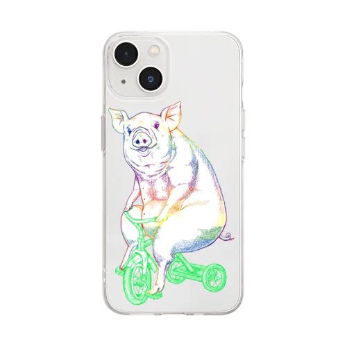 ブタさんon三輪車～レインボーバージョン～ Soft Clear Smartphone Case