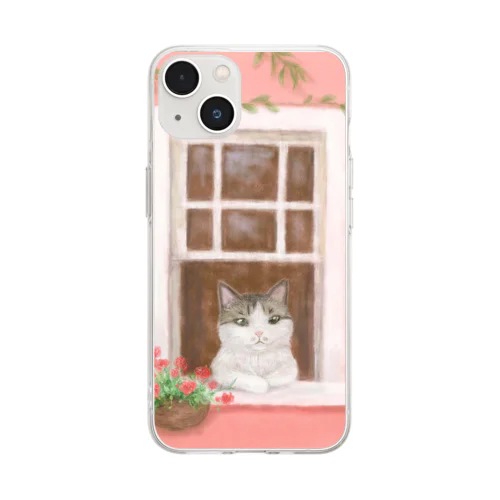 窓辺の猫　①　背景あり Soft Clear Smartphone Case