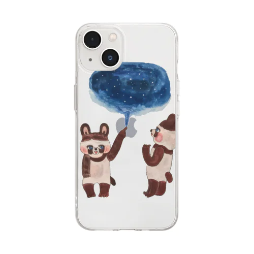 ブラウンホワイトくまさんと星空 Soft Clear Smartphone Case