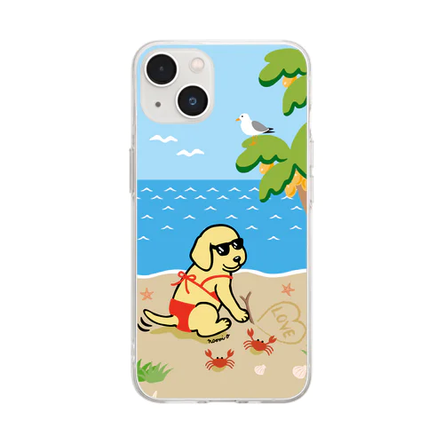 浜辺のイエローラブラドールビキニガール Soft Clear Smartphone Case