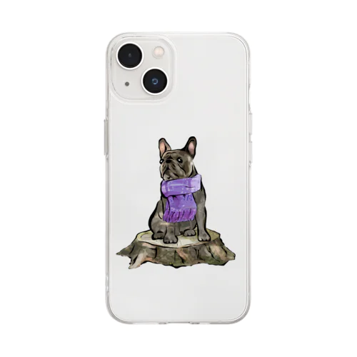 マフラー犬　フレンチブルドッグ　ブリンドル Soft Clear Smartphone Case