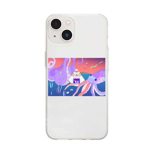 深海でDJするねこ、タコとイカ、クラゲ、リュウグウノツカイ Soft Clear Smartphone Case