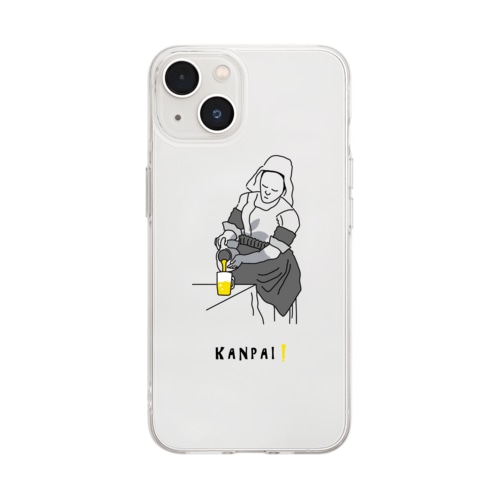 名画 × BEER（牛乳を注ぐ女）黒線画-ホワイト Soft Clear Smartphone Case