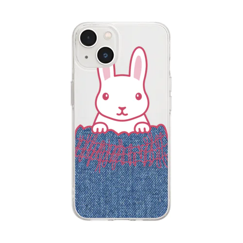 デニムシャーリングポケットから白ウサギ Soft Clear Smartphone Case