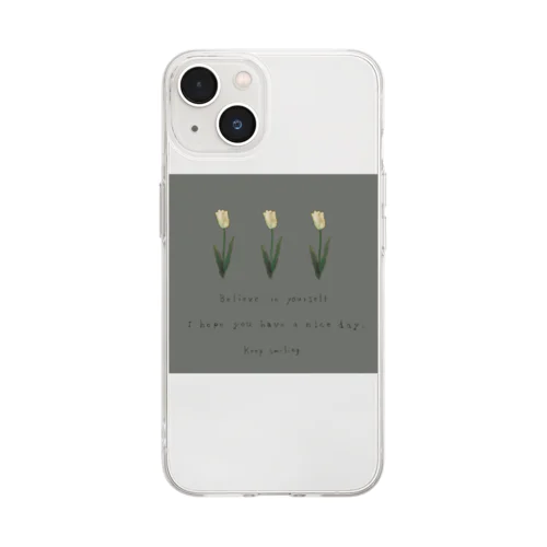 Khaki gray × Cream three tulip Soft Clear Smartphone Case