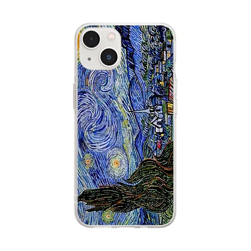 ゴッホ「星月夜-糸杉と村-」 Soft Clear Smartphone Case