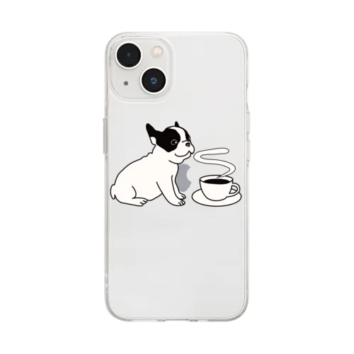  フレンチブルドッグとコーヒー Soft Clear Smartphone Case