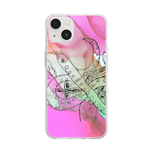 ノリで描いたヘビと花 Soft Clear Smartphone Case