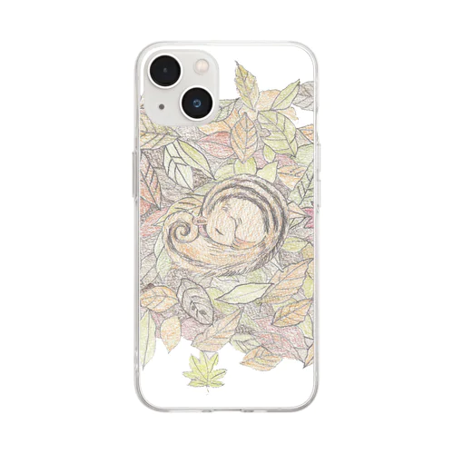 色鉛筆で描いた落ち葉にくるまれて眠るりす Soft Clear Smartphone Case