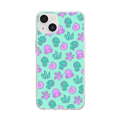 ウツボとタコと海の生き物たち (Emerald) Soft Clear Smartphone Case