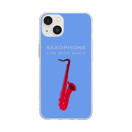 サックス（青と太陽）　楽器スマホケース Soft Clear Smartphone Case