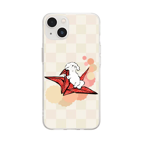 折り鶴　ペキニーズ　赤 Soft Clear Smartphone Case