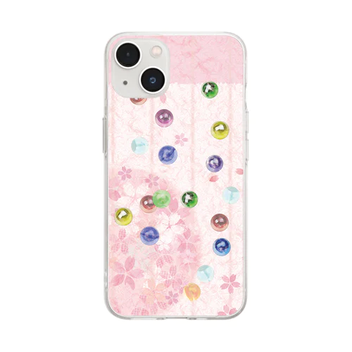 桜と水彩ビー玉iPhoneケース Soft Clear Smartphone Case