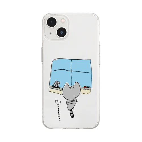 灰色猫と窓 背景なし Soft Clear Smartphone Case