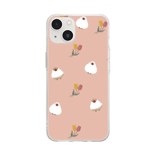 文鳥とチューリップ Soft Clear Smartphone Case