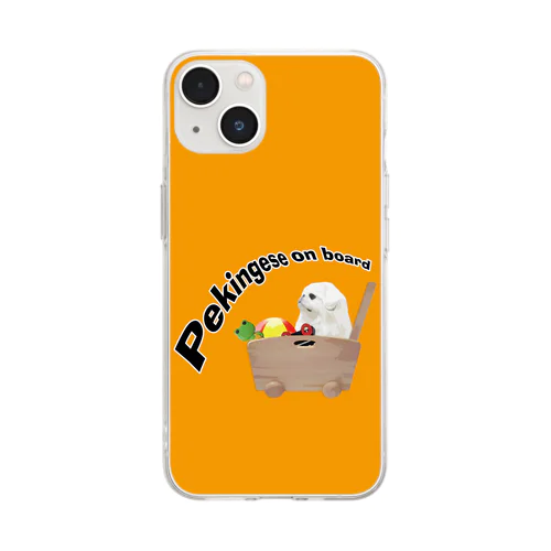 おもちゃ箱に乗ったペキニーズ　オレンジ背景 Soft Clear Smartphone Case