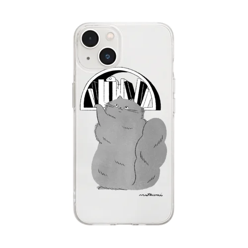 ねこの本棚（グレー） Soft Clear Smartphone Case