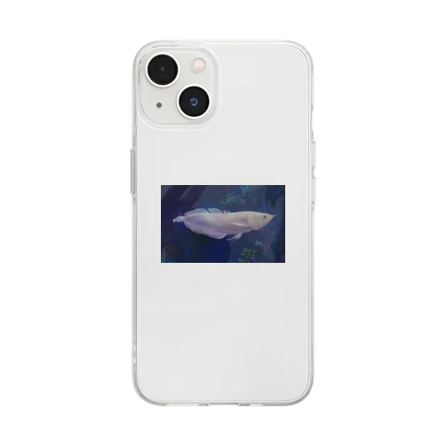 アルビノシルバーアロワナ（背景つき、青） Soft Clear Smartphone Case