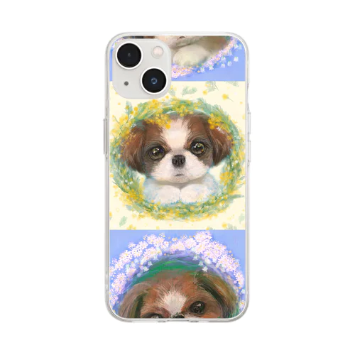 かわいいシーズー犬と雪柳とミモザのフラワーリース Soft Clear Smartphone Case