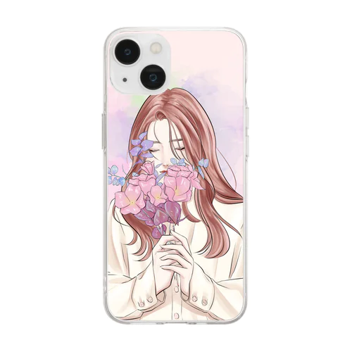 女の子と花 Soft Clear Smartphone Case