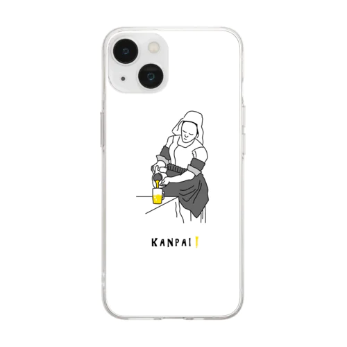 名画 × BEER（牛乳を注ぐ女）黒線画 Soft Clear Smartphone Case