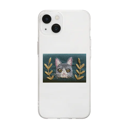 手刺繍ハチワレねこ Soft Clear Smartphone Case