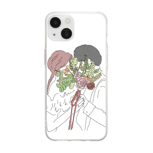 ブーケに隠れる幸せな2人 Soft Clear Smartphone Case