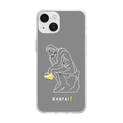 彫刻 × BEER（考える人）白線画-グレー Soft Clear Smartphone Case